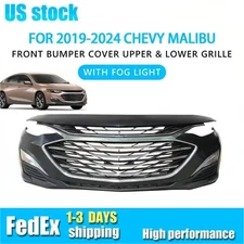 Fits 2019-24 Chevy MalibuComplete Bumper Cover Upper & Lower Grille Fog Lights