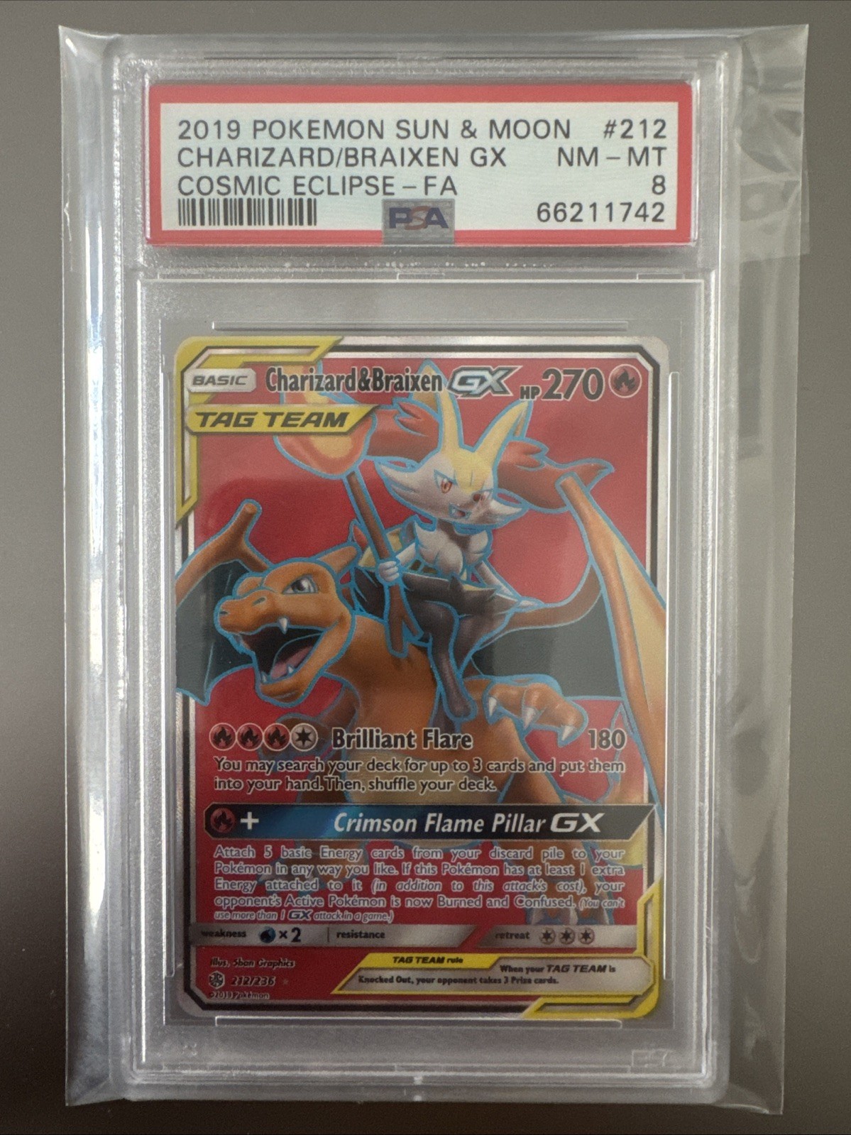 Charizard & Braixen GX 212/236 - PSA 8 - Cosmic Eclipse - Graded Pokemon Card