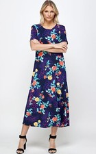 JOSTAR LONG DRESS Slinky Poly Spandex STRETCH Knit TRAVEL Purple Floral M XL