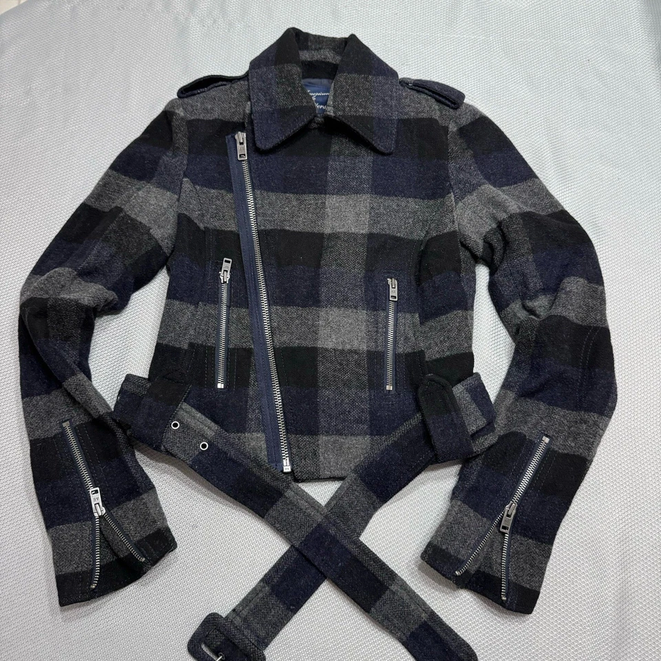 American Eagle Moto куртка женщин XS клетку укороченный синий серый военный гранж Y2K - Изображение 2 из 4