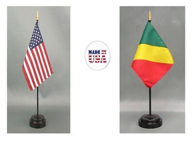 Made in the USA--1 American & 1 Country Rayon 4''x6'' Office Desk Flag & 2 Stands