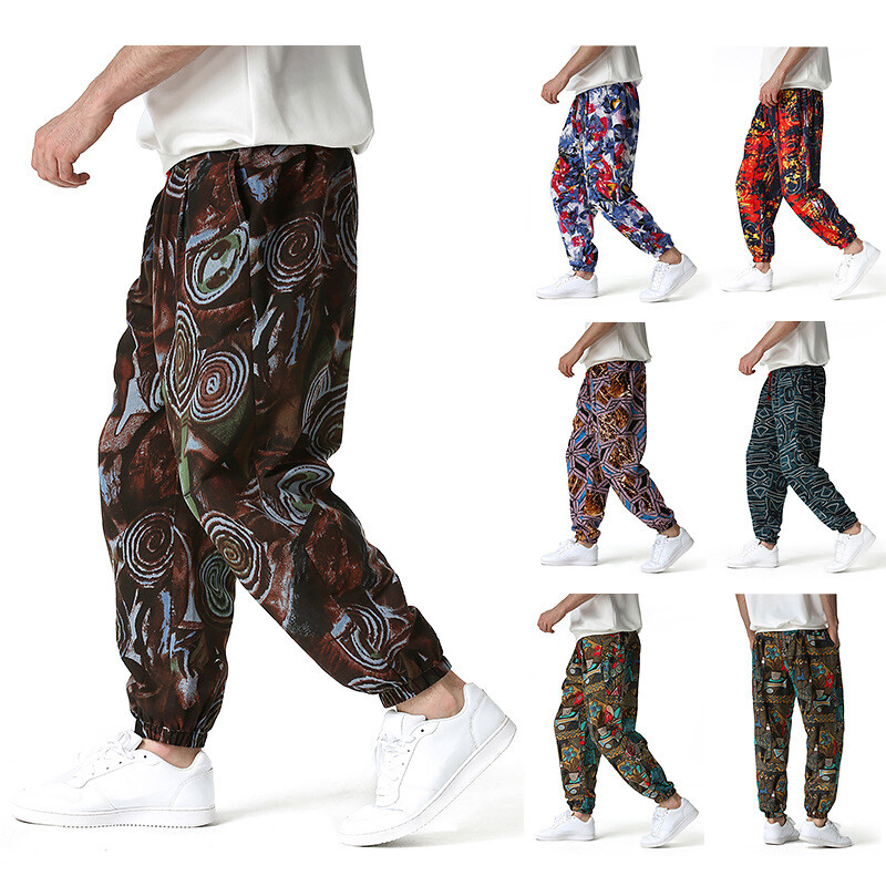 Men’s Casual Cotton Linen Elastic Waist Printed Loose Bloomer Pants