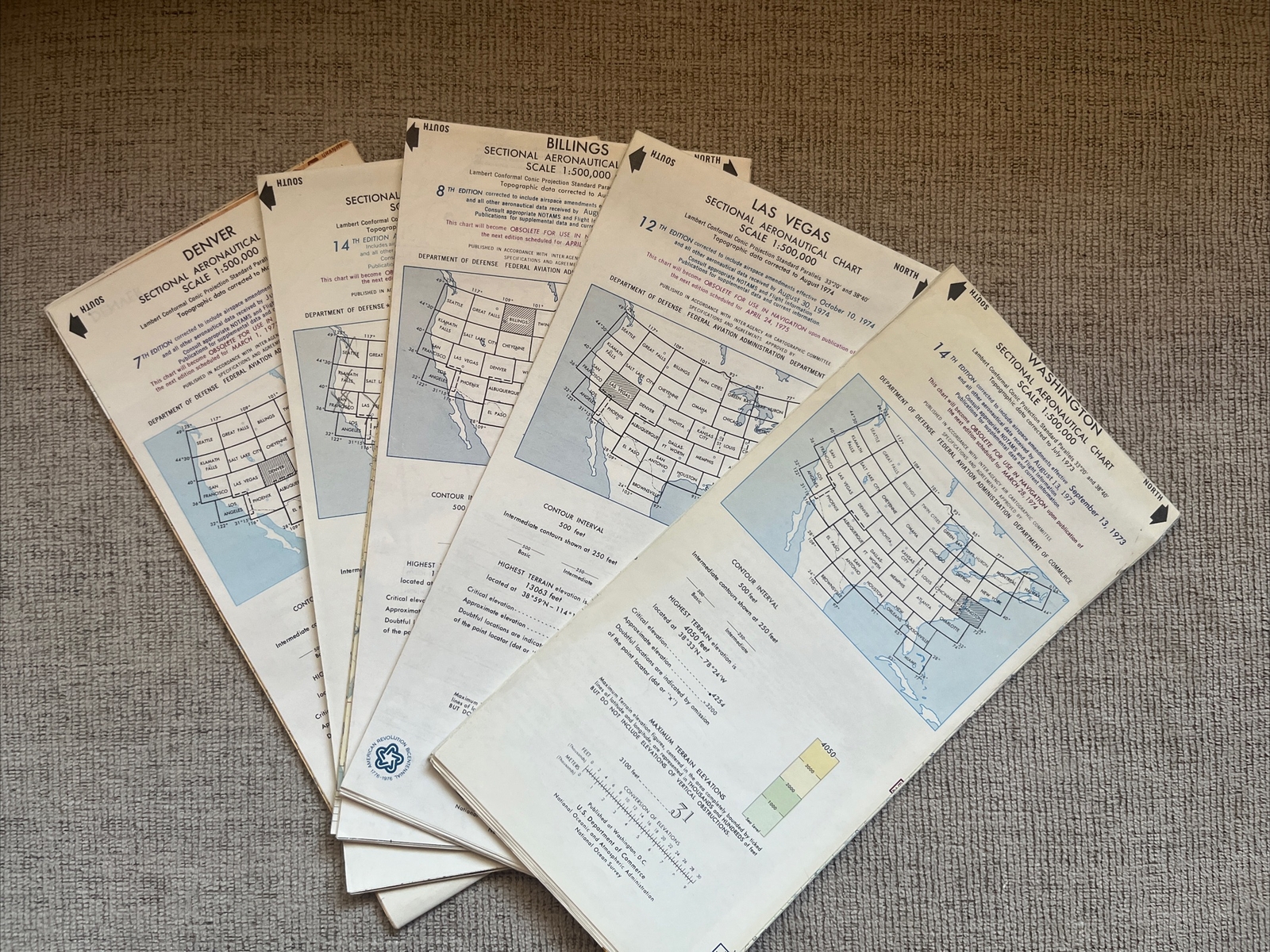 Lot Of 17 Sectional Aeronautical Charts 1970s New York Las Vegas