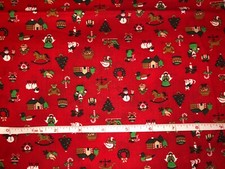 11" Wide X 50" Long 100 Cotton Fabric Christmas Motifs on Red Background