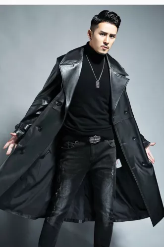 Autumn Men Long Black Pu Leather Spring Trench Coat Double Breasted Outerwear - Picture 7 of 12