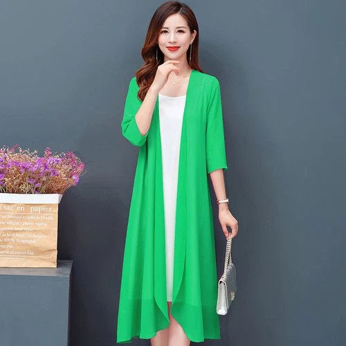 Women Cardigan Sheer Chiffon Long Jacket Coat Open Casual Half Sleeve Outwear - Bild 21 von 26