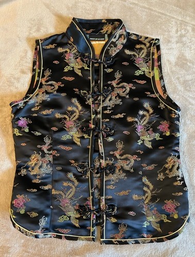 DKNY Vintage EUC Women's Sz. 12 Asian Black Satin Vest w/Gold & Red Embroidery - Afbeelding 3 van 12
