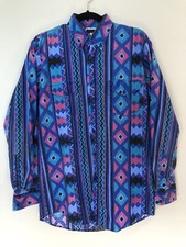 Vintage Karman Western Shirt Blue Aztec Rodeo Cowboy Button-Up Made In USA Sz M
