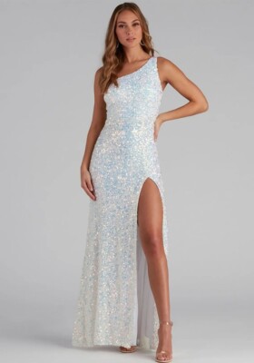 Elegant white sequin one shoulder long evening Christmas formal dress size  S-2XL | eBay UK
