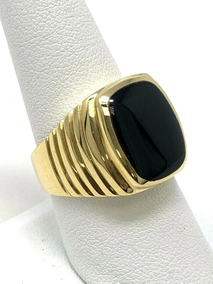 Anillo de sello de oro amarillo de 14k con piedras preciosas de espinela negra natural para hombre Foto 4 de 4