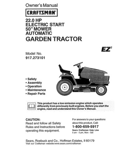Owner’s Manual Sears Craftsman 22.0 HP Lawn Tractor 50” Mower - Model 917.273101 - 第 1/5 張圖片