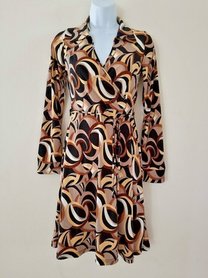LA BELLE Swirls Retro Printed Long Sleeve Dress Size M - Hard To Find