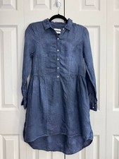 Halston Chambray Shirt Dress Women's XS Navy Blue Long-Sleeve Collared 100%Linen