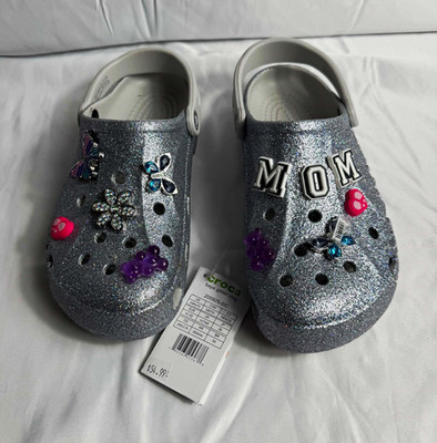 Crocs Baya Glitter Clog Silver Mom Charms Slip-On Women s 10 MPN 205925-0IC