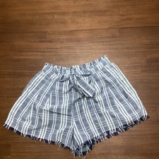 Umgee USA Blue White Striped Frayed Hem Shorts Elastic Waist Tie Front Medium