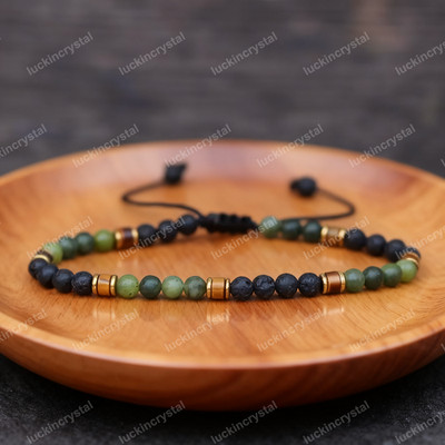 Jade & Lava Rocks Tiger Eye Beads Healing Dainty Triple Protection Luck Bracelet