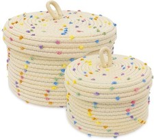 Cotton rope woven storage baskets with lids, set of 2, rainbow pompom