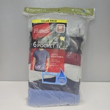 6 Pack Hanes Mens Tagless Pocket T Shirts Value Size Medium Gray Black Red Blue