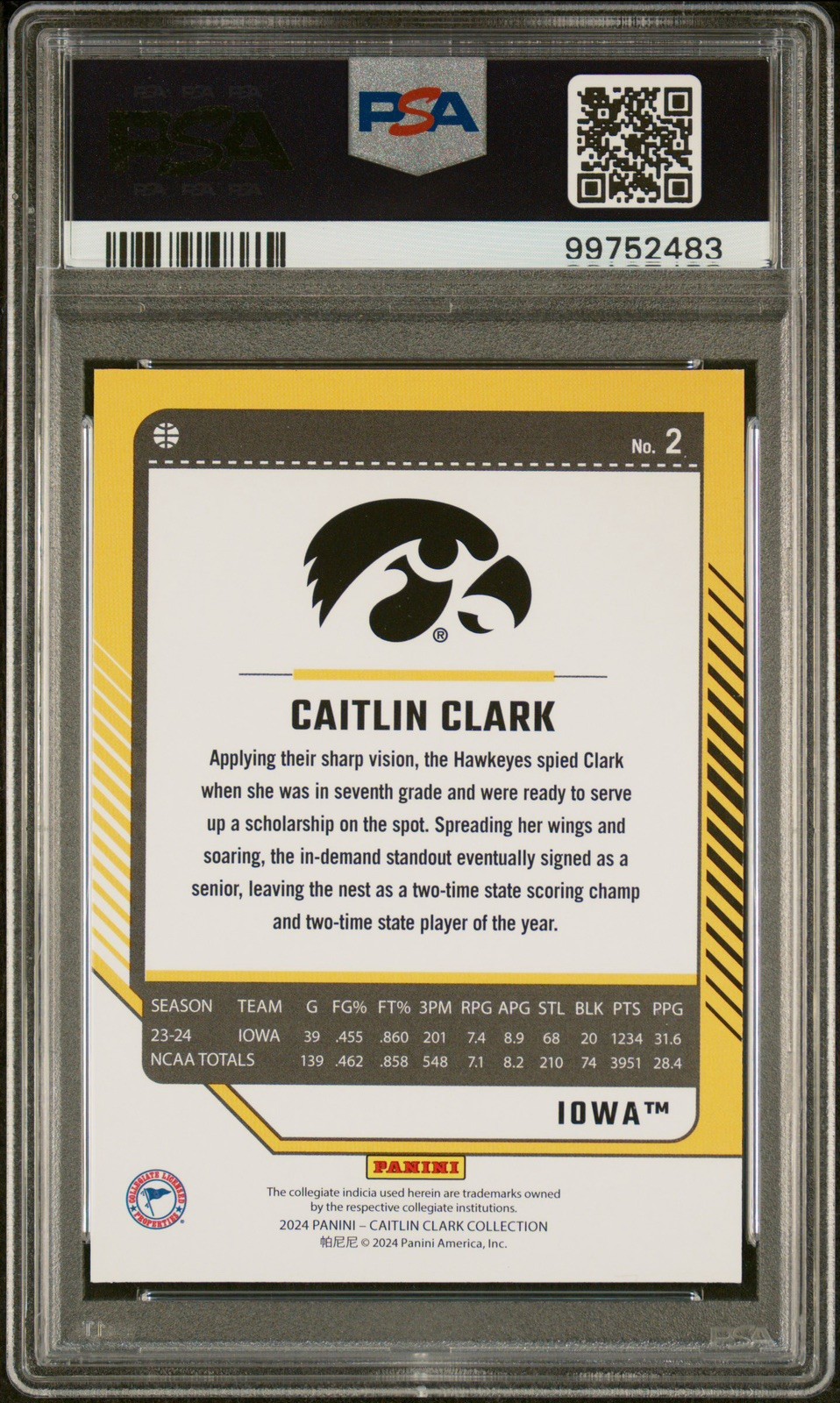Rookie Card Caitlin Clark 2024 Panini Donruss FOIL Graded PSA 10 W NBA Slab view 2