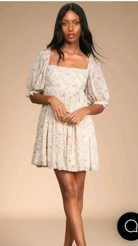 Mini abito Lulus Sweet Daydreams bianco stampa floreale manica a sbuffo taglia M