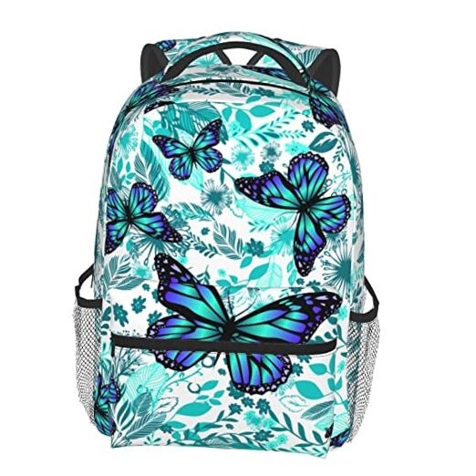 Backpack For College School Large Laptop Bag Shoulder Blue Floral Butterflies
