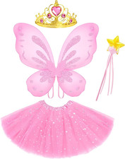 4 Pcs Fairy Costume for Girls Butterfly Costume with Fairy Wings, Wand, Crown, T