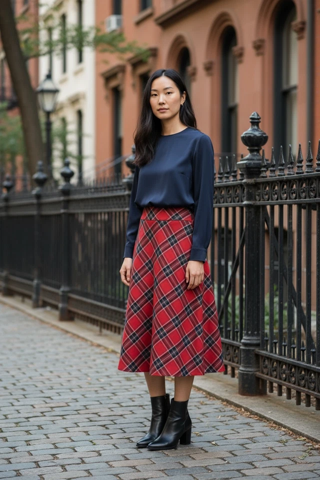 Maxi Falda Midi Rojo Tartán Cuadros Fiesta de Navidad Vacaciones 16W Cremallera Forrada Elástica Foto 2 de 4