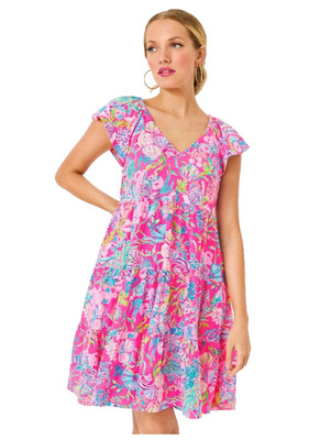 Lilly Pulitzer Kawai Flutter Sleeve Dress Pink Isle Shell Size Medium