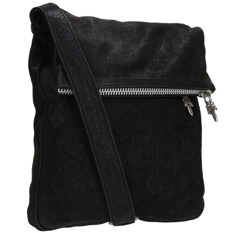 Chrome Hearts ZIP TOP Destroy Leather Cross Patch Shoulder Bag Black 114052