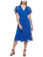 CALVIN KLEIN Womens Blue Flutter Sleeve Wear To Work Fit + Flare Dress 4