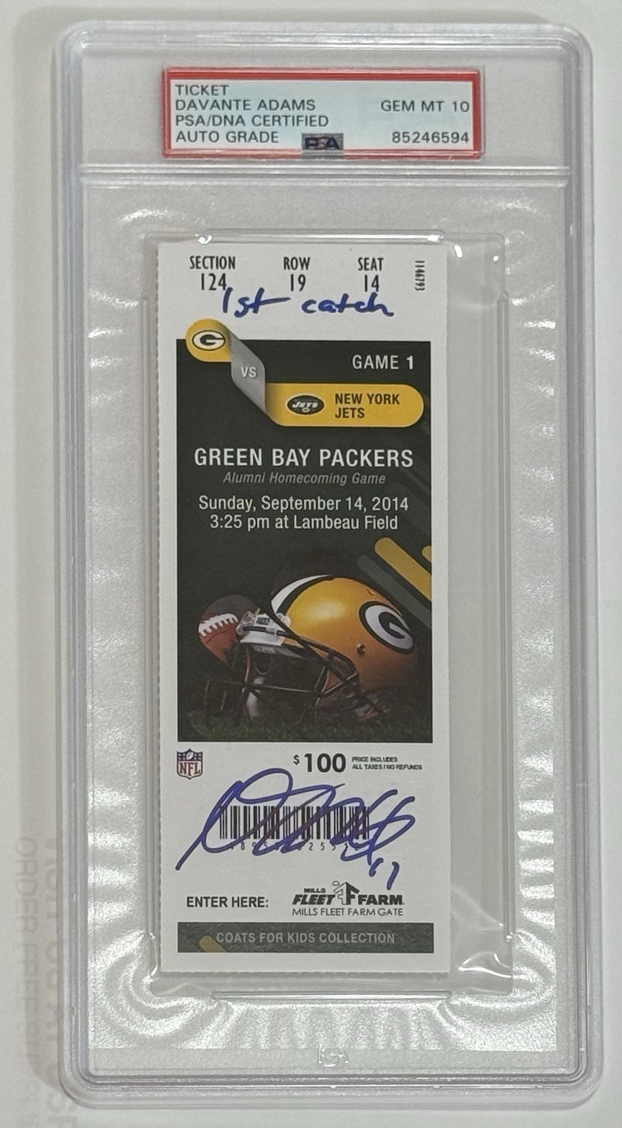 Davante Adams Autographed Signed Green Bay Packers 1st Catch Ticket 9/14/14 w/ 1st Catch PSA 10 Auto 