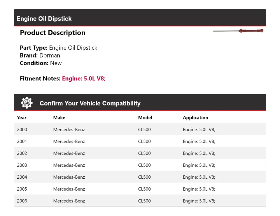 Varilla de medición de aceite de motor Dorman V8 5,0 L para Mercedes-Benz CL500 2000-2006 2001 2002 Foto 2 de 4