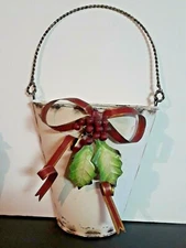 Wall Pocket Christmas Holly Berry White Distressed Metal 8" tall