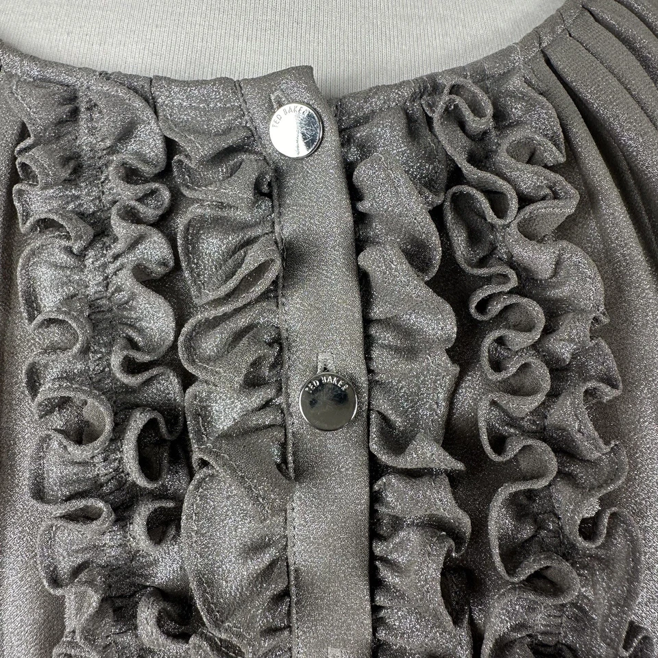 Ted Baker Emie Top Womens Size 4 S Silver Grey Pleated Ruffle Sheer 3/4 Sleeve - Image 3 of 4