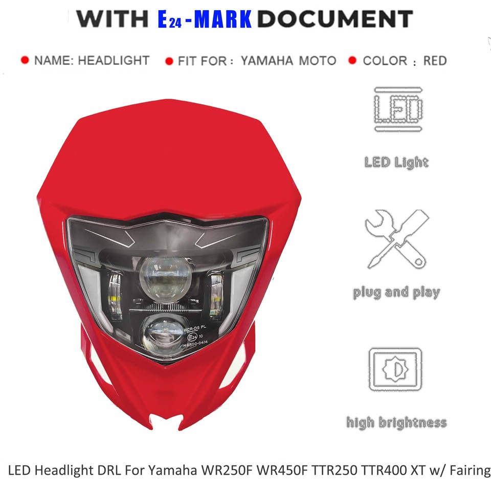 Phare Avant LED Pour Honda CRF (125F à 450L), 84W/2900lm En Feux De Route, Avec Carénage Rouge, Certifié DOT/SAE, Neuf