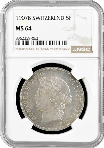 Switzerland 5 francs 1907 B, NGC MS64, "Confoederatio Helvetica (1850 - 1916)"