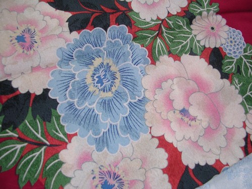 #Q Vintage SPECTACULAR FLORAL CALAMO SIILK FABRIC RED WITH FLORAL BORDER - Picture 4 of 12