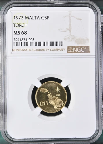 TopPop! Malta 1972 Gold 5 Pounds NGC MS68