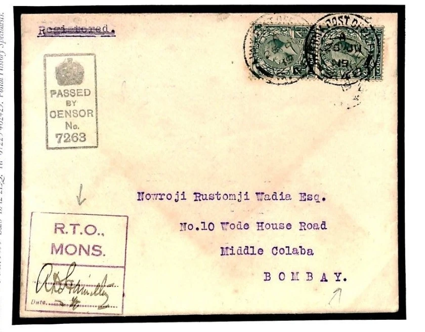GB MILITAR INDIA CORREO 1919 Fuerzas Británicas Bélgica *RTO MONS* Cubierta de censor Y05 Foto 2 de 4
