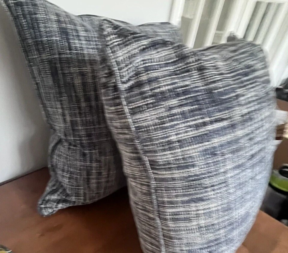 Set of 2 Feather Filled Large Throw Pillows Blue and Gray Chenille Plaid  22” - Image 3 of 4