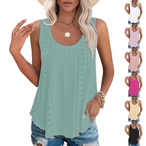 Women Tank Tops Fashion Eyelet Embroidery Crewneck Sleeveless Casual Loose Shirt