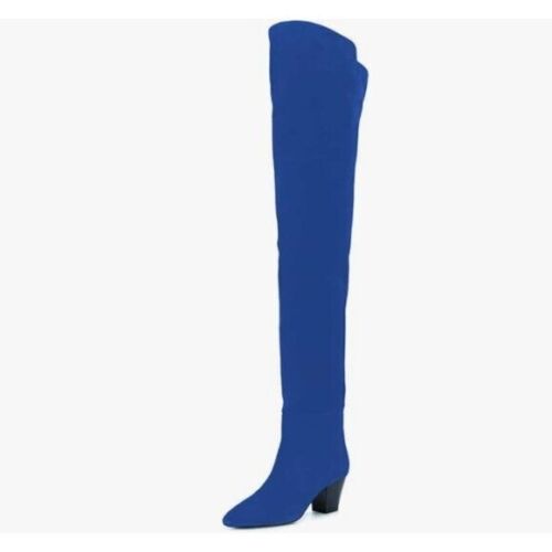 Blue Women Stylish Chunky Heels Closed Pointed Toe Thigh High Over The Knee Boot