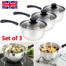 3PCS Induction Pan Set Saucepan Set Cookware Pot Stainless Steel With Glass Lids
