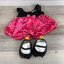 Build A Bear Pink And Black Polka Dot Sequin Puffy Dress with Black Bow Heels