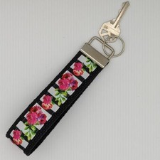 Rose Flower Keychain Wristlet Boho Fabric Key Ring FOB Red Black Farmhouse Gift