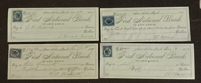 First National Bank of Ann Arbor 1870's Bank Checks Lot of 4 with IRS Stamps