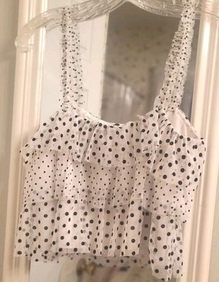 American Eagle Women s White Black Polka Dot Square Neck Ruffle Tank Top XS