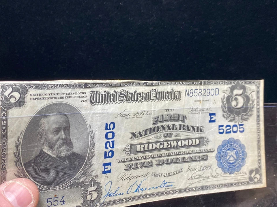 1902 FIRST NATIONAL BANK RIDGEWOOD NEW JERSEY $5 NATIONAL BANKNOTE #N858290D - Image 4 of 4