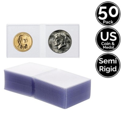 50 Pack 2 x 2 Semi Rigid Vinyl Double Pocket Coin Flip Holder 4 US Cent 2 Dollar