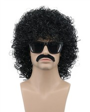 VGbeaty Men Short Curly Black Rocker Wig With Mustache Halloween Costume Wig